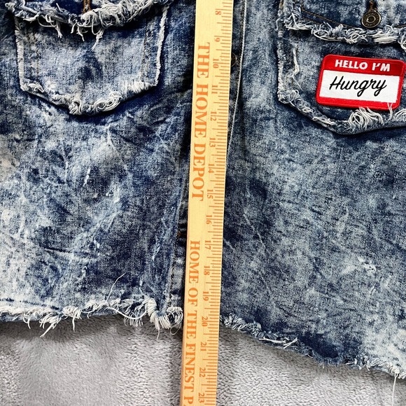 Thrill Jean Jacket Women XL Denim Fringe Distressed Crop Fringe I'm Hungry Skull - Picture 7 of 10
